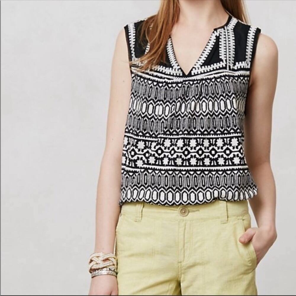 Anthropologie Black & White Geometric Sleeveless V-Neck Camisole